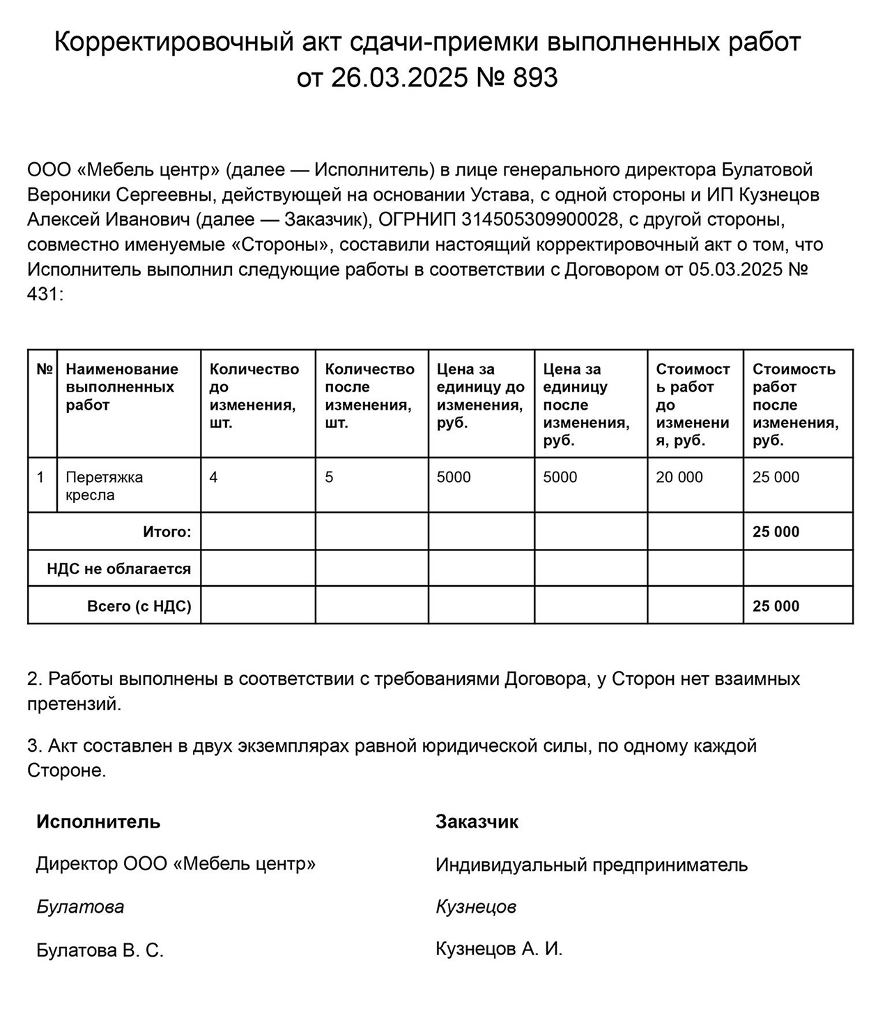 Пример корректировочного акта выполненных работ — в нем изменили их количество и стоимость
