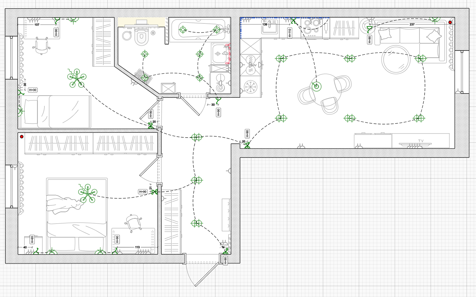 Выключатели соединены с освещением, чтобы было понятно, что и откуда можно включить и выключить