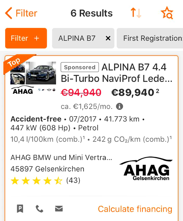 При выборе автосалона важно обратить внимание на его рейтинг на Mobile.de. Это одно из объявлений о продаже Альпины 2020 года
