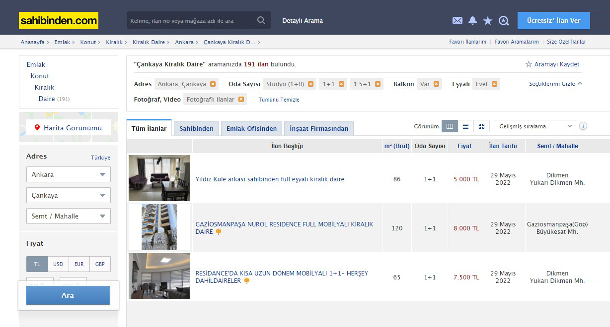 Цены на квартиры на сайте sahibinden.com. Можно не только выставить фильтр по количеству комнат, но и искать жилье с балконом и без мебели, объявления только с фото и так далее