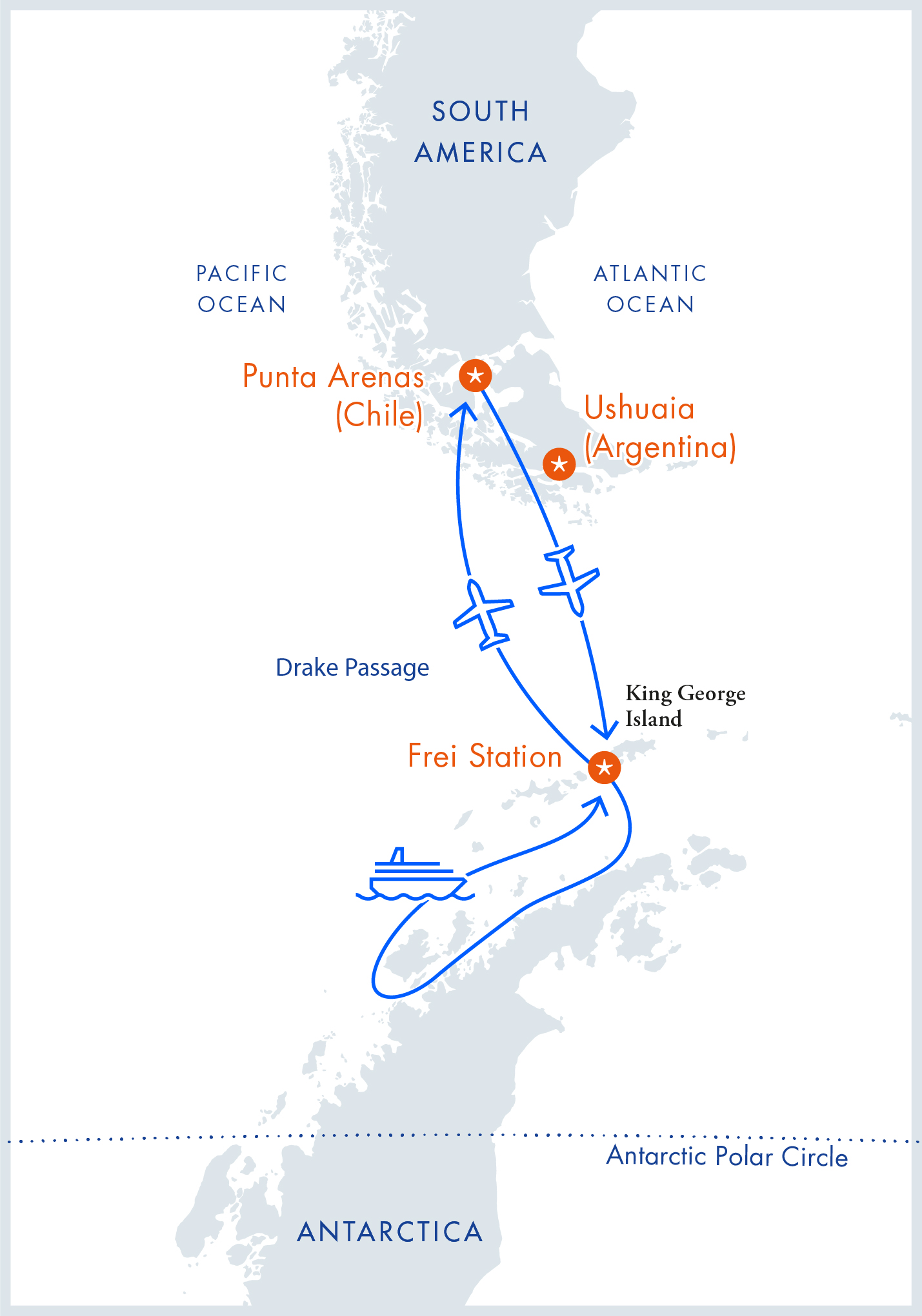 Маршрут тура «перелет + круиз». Источник: antarctica21.com