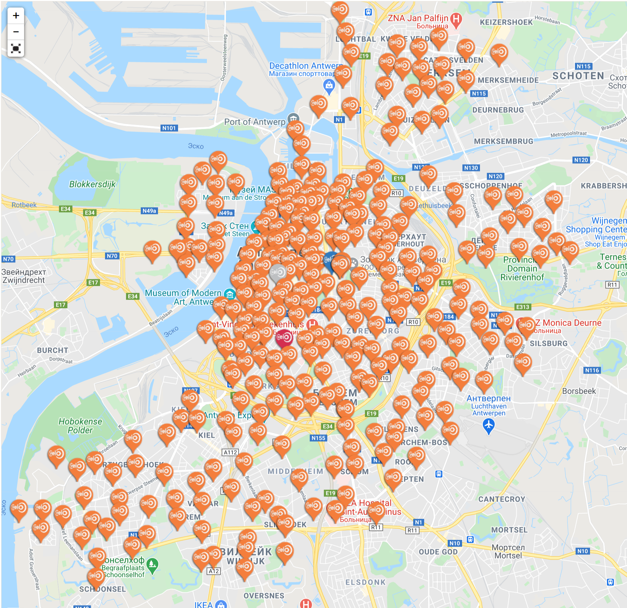 Велопарковки от компании Velo на карте Антверпена