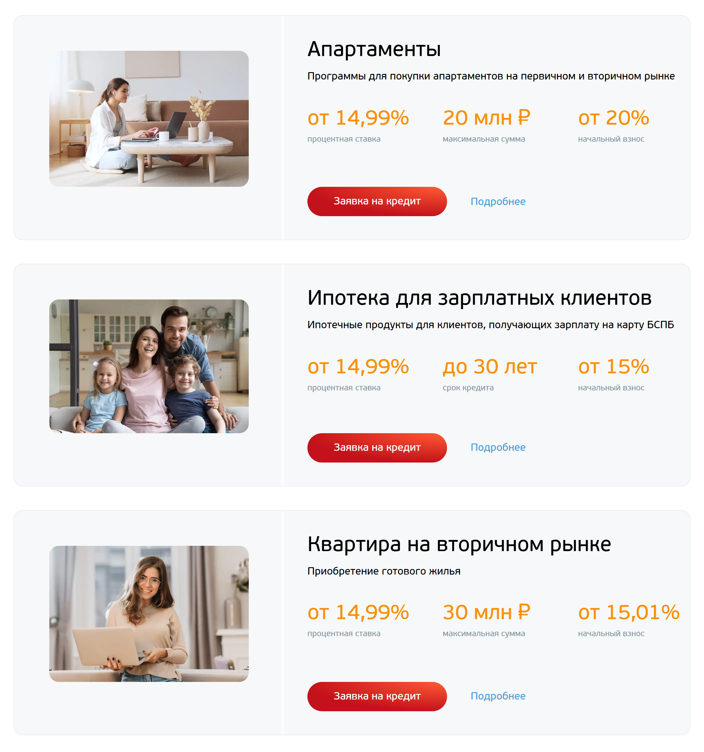 Для покупки квартиры банк «Санкт-Петербург» предлагает до 30 млн и выше, а по апартаментам лимит — 20 млн рублей. Источник: bspb.ru