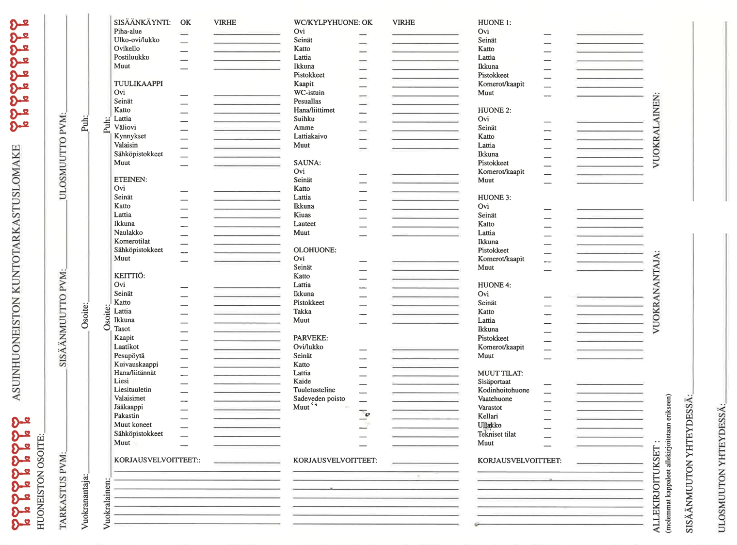 Акт осмотра квартиры, которым может пользоваться владелец или его представитель. В каждой секции есть колонки: OK — все хорошо, Virhe — дефект. Один и тот же акт используют при въезде арендатора, чтобы зафиксировать состояние имущества, и при выезде, чтобы понять, что испортилось, а что нет