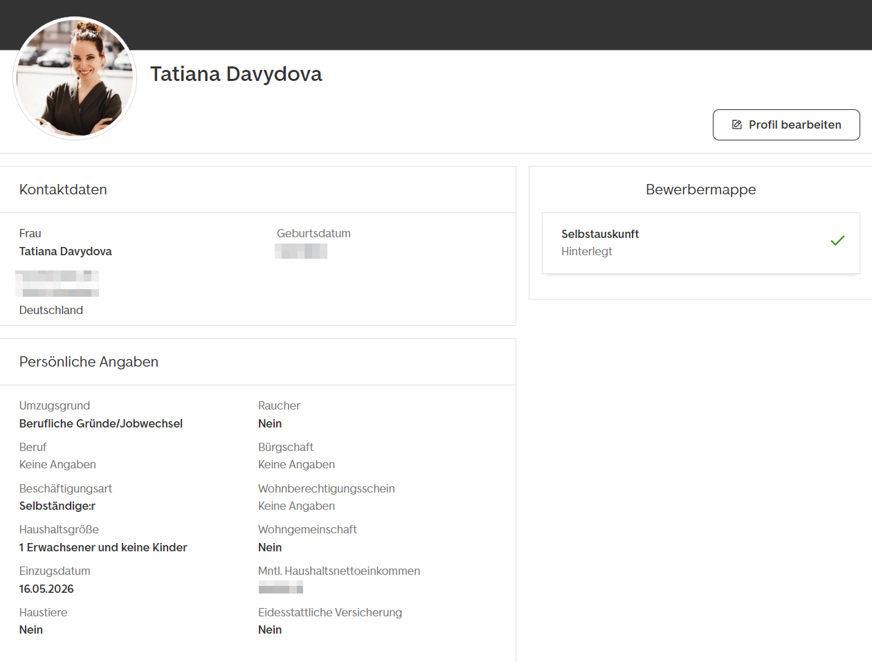Так профиль арендатора видят хозяева квартир на сайте ImmoScout24