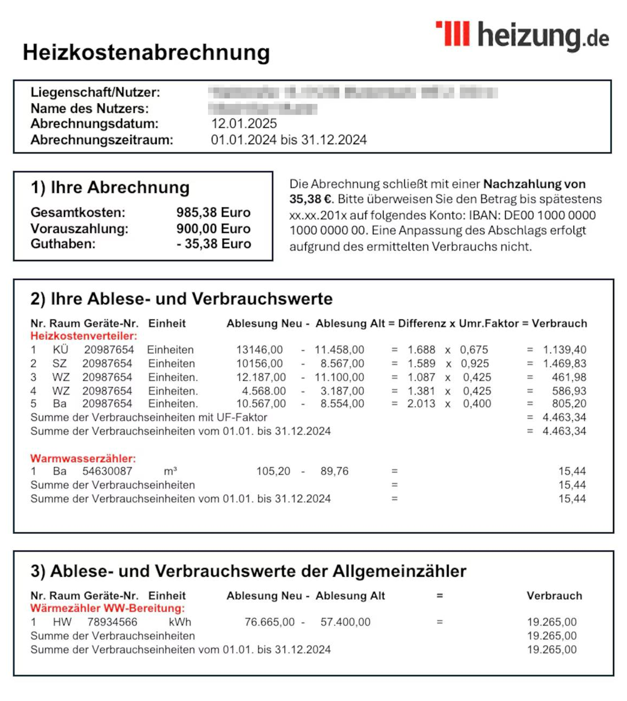 Так выглядит документ о годовом перерасчете за отопление. Источник: heizung.de