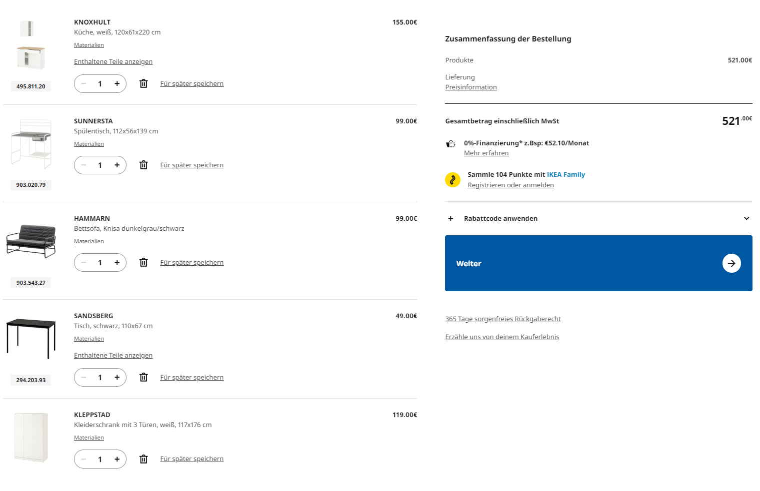 На сайте IKEA я добавила базовую мебель из бюджетных коллекций: кухонный уголок, диван, стол и шкаф. Вышло на 521 €⁣ ( ₽), а еще нужна техника и бытовые мелочи. Источник: ikea.com