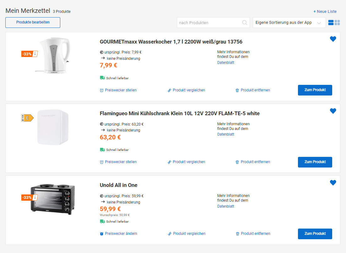 На портале Idealo нашла самую недорогую технику, без которой не обойтись: холодильник, чайник и мини-духовка с плитой. Вышло на 131 €⁣ ( ₽). Источник: idealo.de