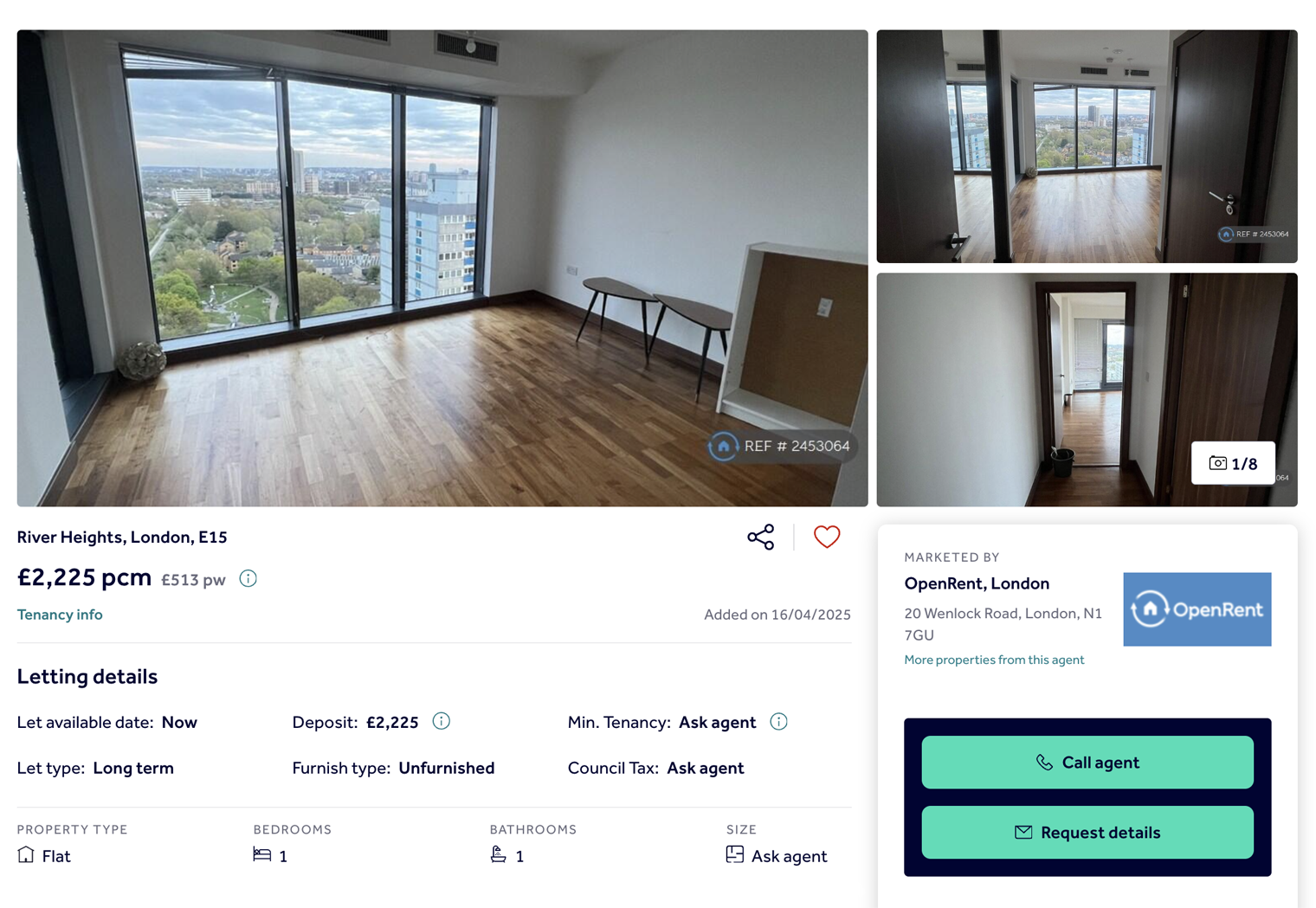 Квартира без мебели в районе Стратфорд стоит 2225 GBP ( ₽). Источник: rightmove.co.uk