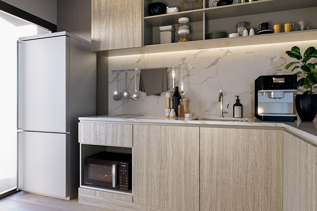 Все кухни в кондо выглядят одинаково — вот так. Холодильник тоже везде один и тот же, а вот микроволновки в моей студии не было. Источник: grenecondo.com