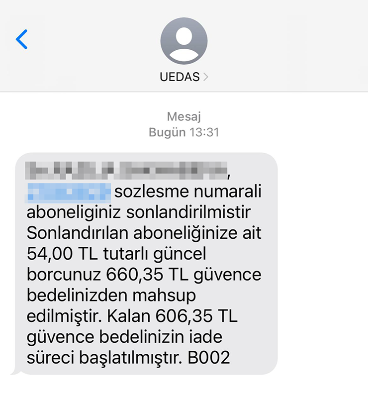 Так выглядит возврат депозита за электричество. Он составил 660,35 TRY⁣ ( ₽), с момента последней оплаты до даты расторжения договора я использовал электричества на 54 TRY⁣ ( ₽). Остаток 606,35 TRY⁣ ( ₽) вернули на карту