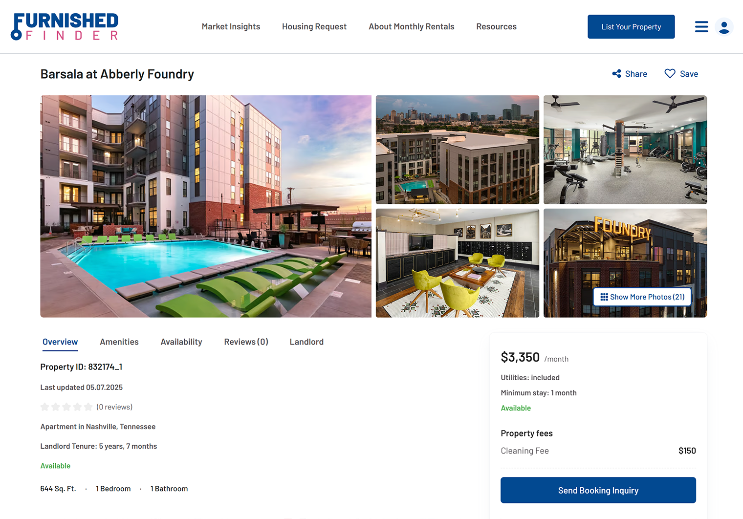 Меблированная квартира 59 м² с одной спальней и ванной в Нэшвилле за 3 350 $ ( ₽). Источник: furnishedfinder.com