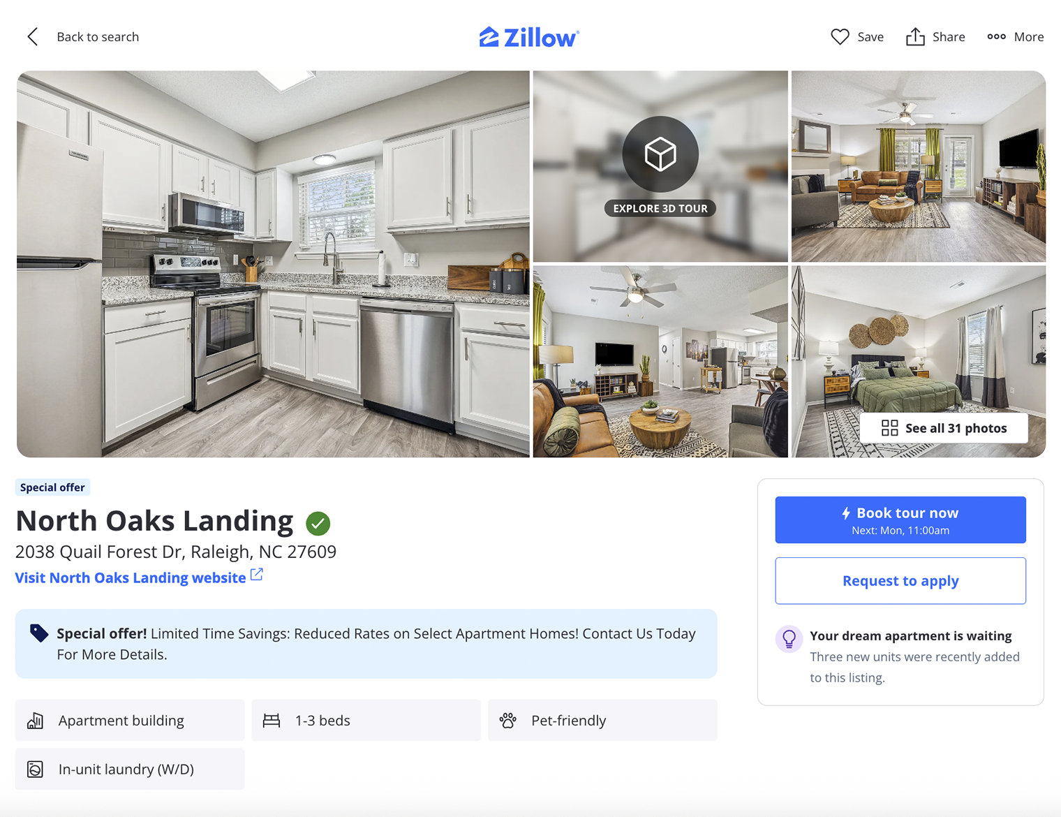 Объявление об аренде апартаментов в городе Роли, штат Северная Каролина. В доме сдают несколько квартир по цене 1 010—1 595 $ (— ₽) в месяц. Источник: zillow.com