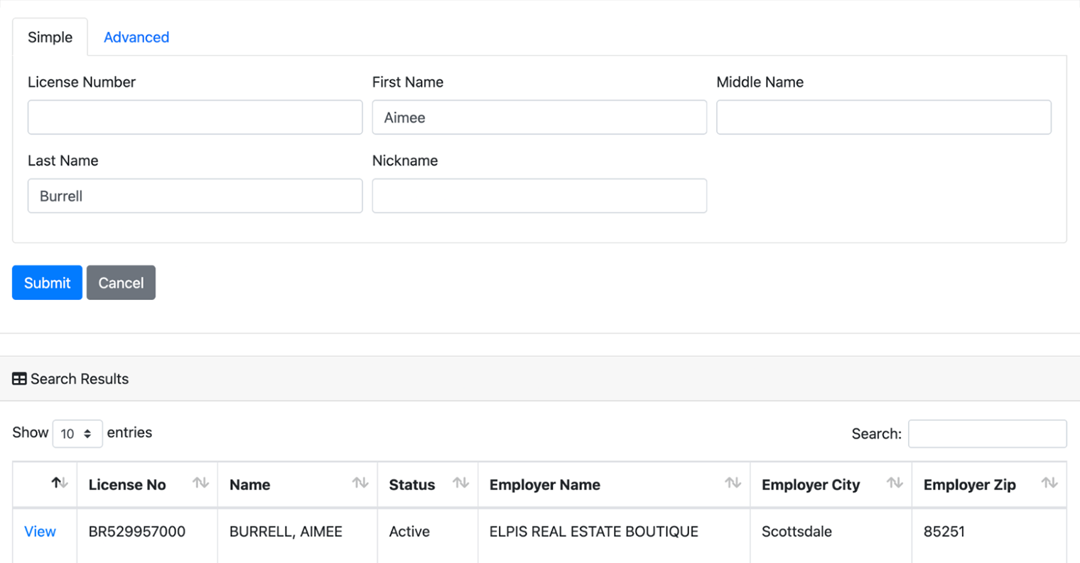 На сайте департамента недвижимости Аризоны для проверки риелтора требуется номер лицензии, имя и фамилия. Но можно ввести только имя и фамилию, и лицензия найдется сама