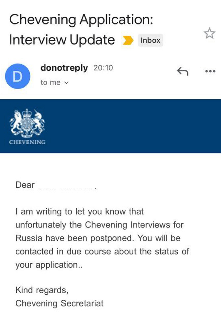 Секретариат Chevening информирует, что интервью для студентов из России отложены