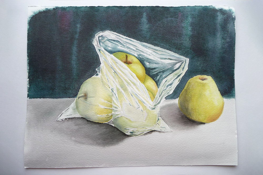 Те самые яблоки в полиэтиленовом пакете, которые я нарисовала на практике⁠-⁠интенсиве «Лекторума»