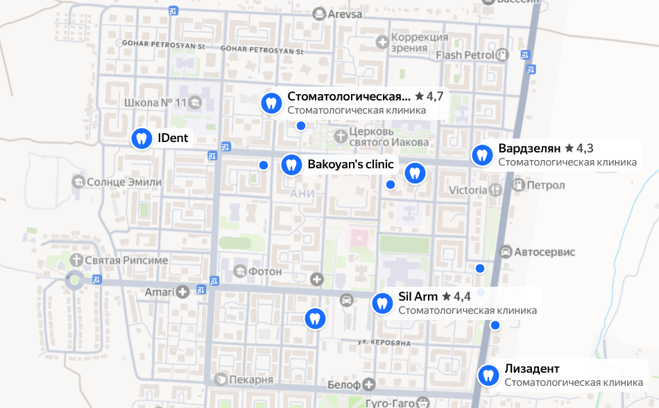 Плотность стоматологических клиник в квартале Ани города Гюмри. © maps.yandex.ru