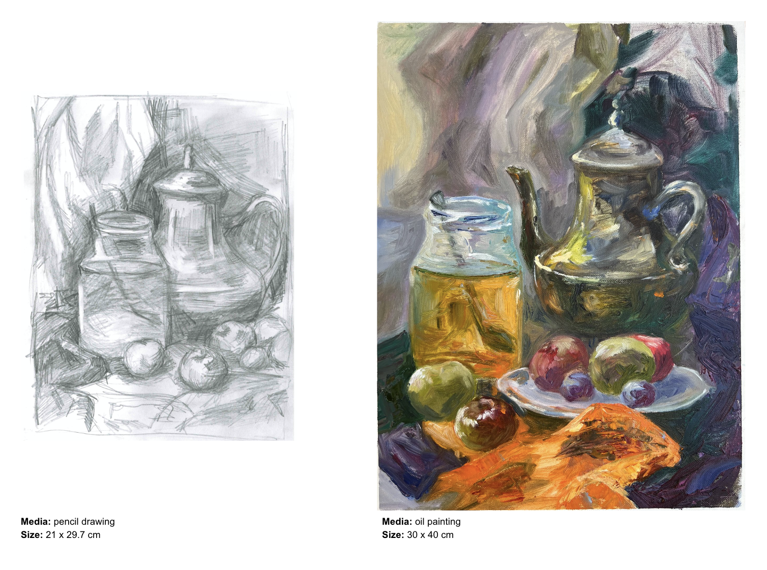 На этом слайде две работы: первая выполнена карандашом, вторая — масляными красками. Автор не забыл указать параметры изображений. Источник: портфолио нашей студентки Надежды Кадачиговой