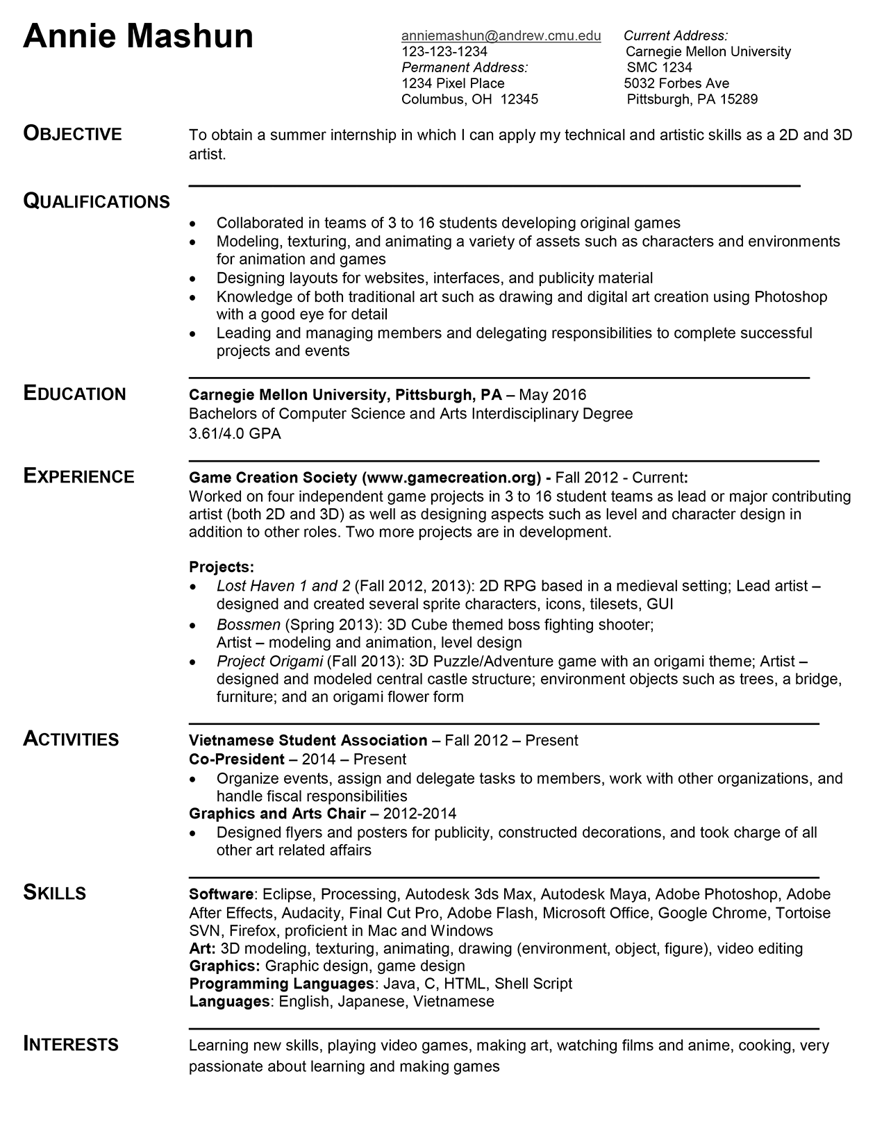 Пример творческого резюме. Источник: cmu.edu