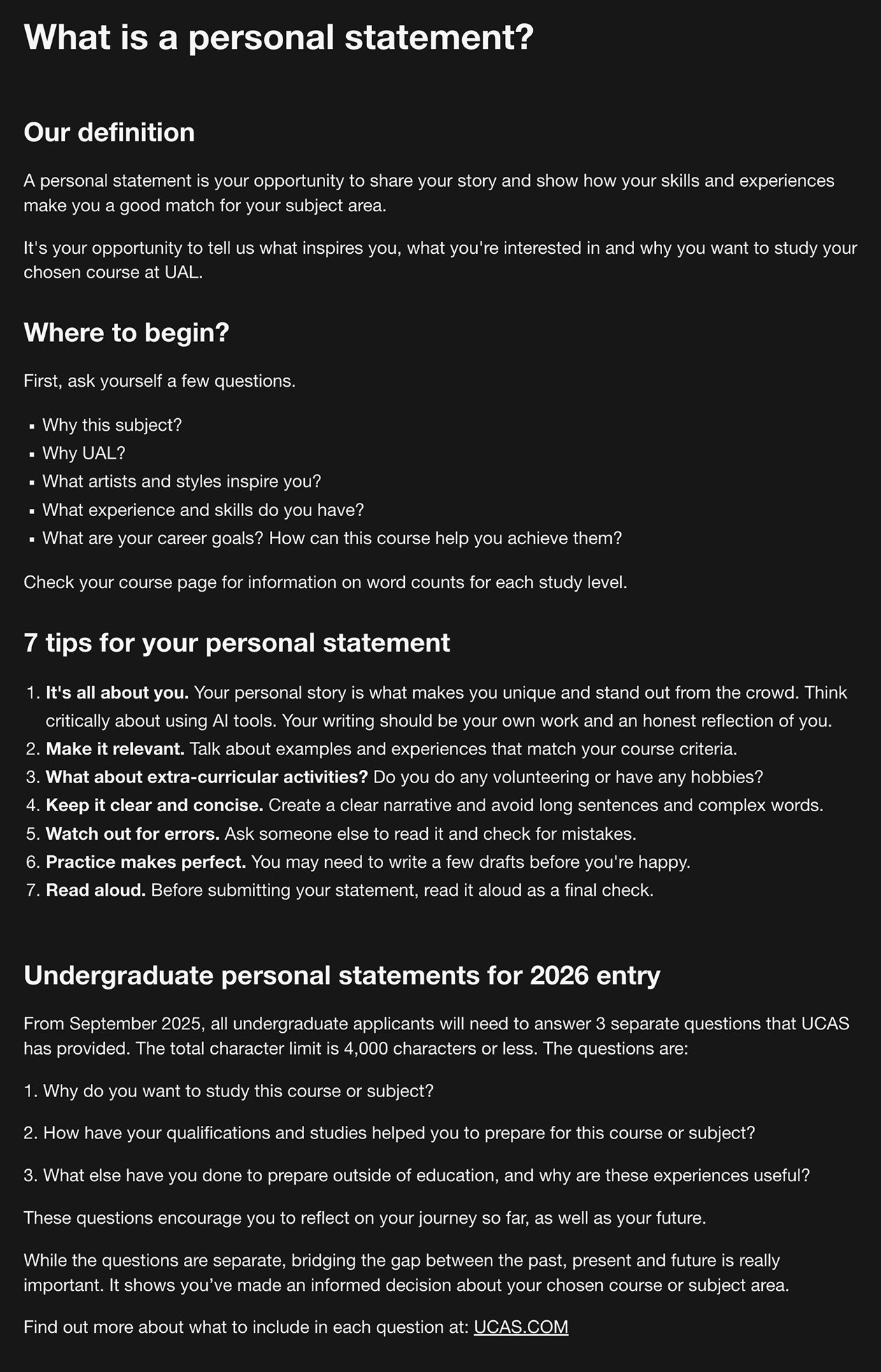 Лондонский университет искусств делится списком вопросов, ответы на которые станут основой эссе. Также дает семь рекомендаций по подготовке письма, первая — говорить о себе, быть честным и осознанно использовать ИИ. Источник: arts.ac.uk