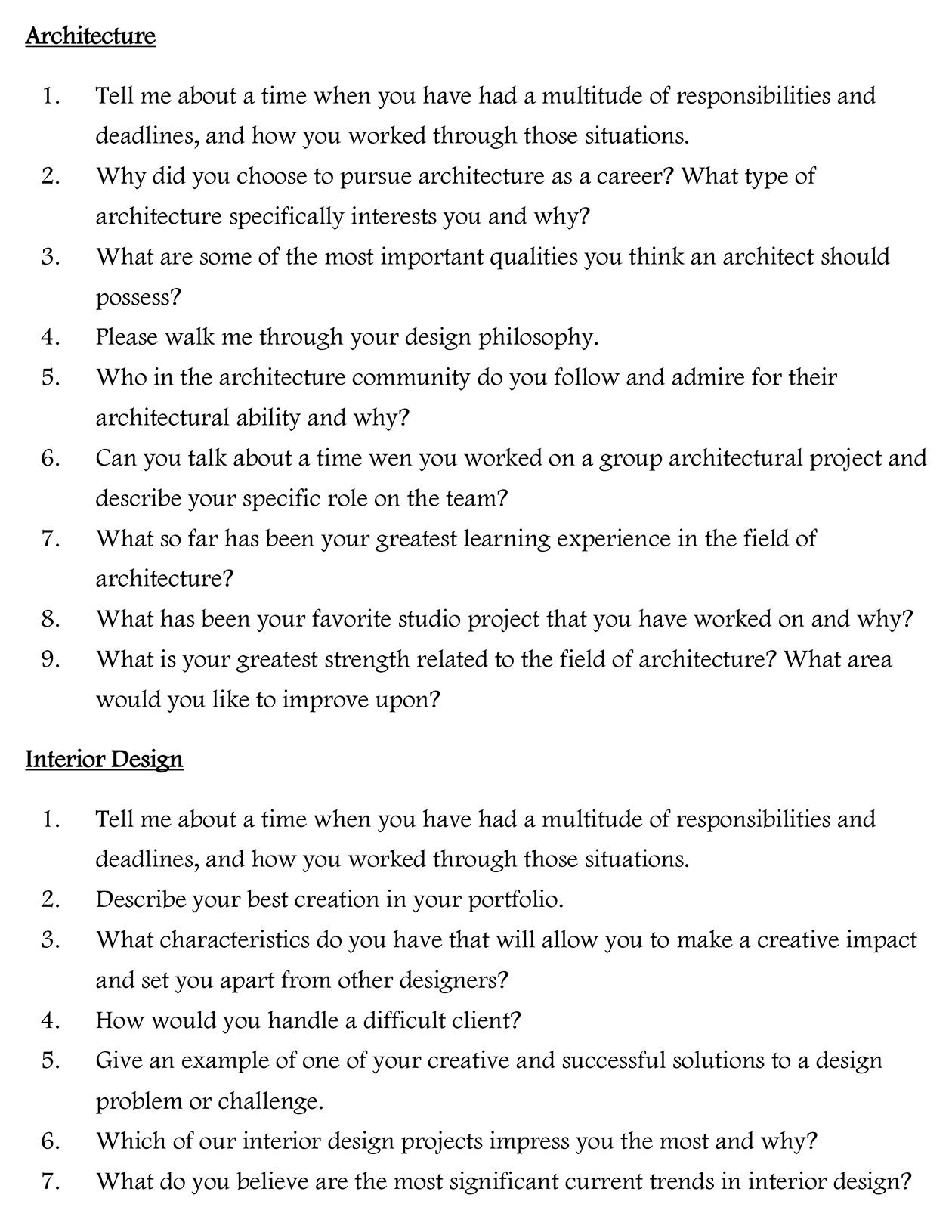 Пример вопросов на собеседовании для поступающих на направления «архитектура» и «дизайн интерьера». Например, предлагают рассказать о философии дизайна или поделиться мнением о ключевых трендах. Источник: miamioh.edu