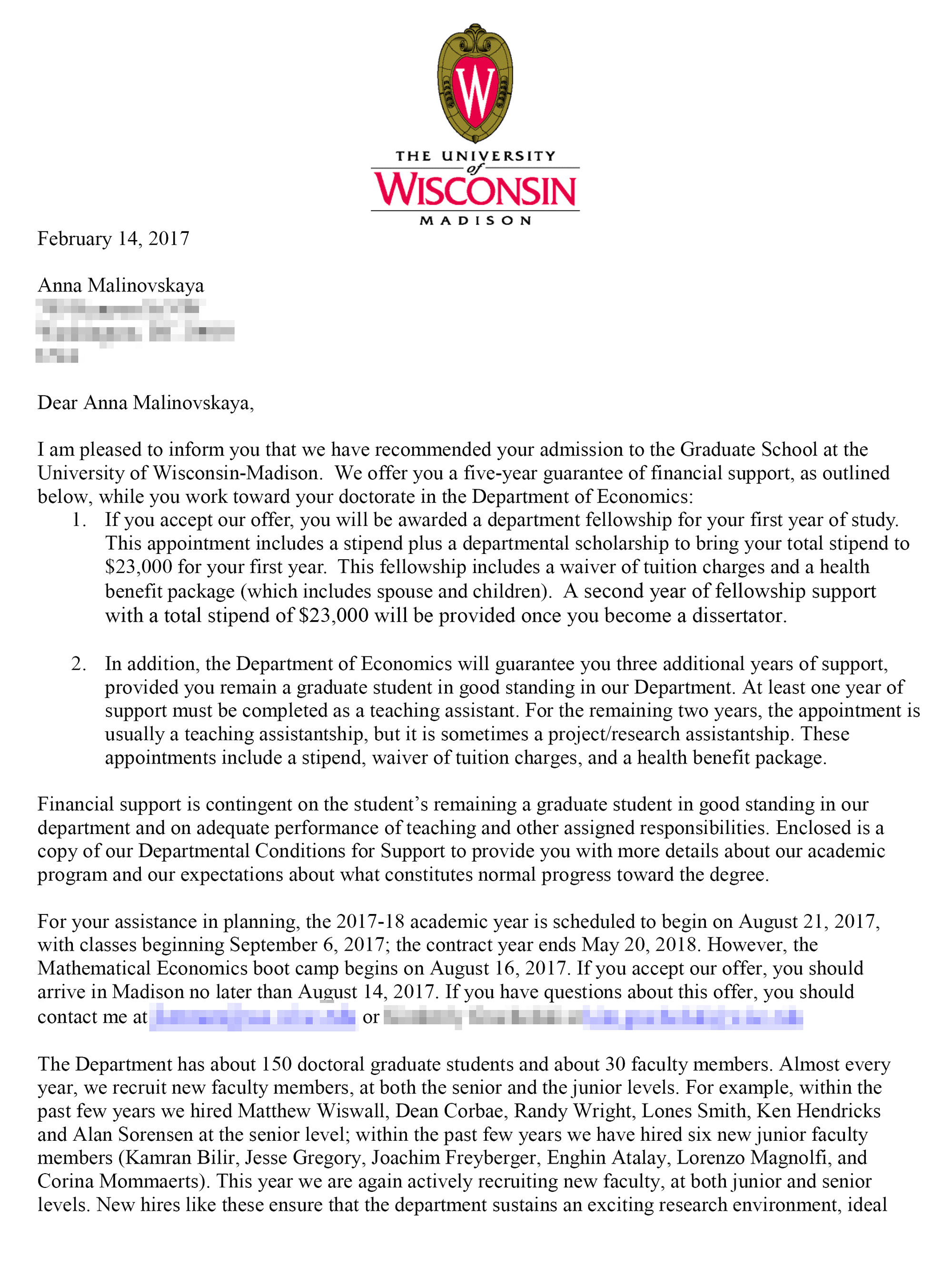 Это письмо о зачислении в Висконсинский университет