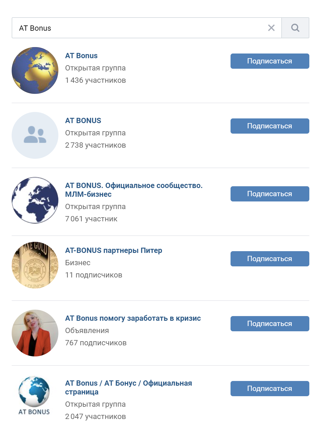 Поисковик «Вконтакте» по запросам AT Bonus и АТ Gold выдает 31 группу, большинство из них заброшены. Это может говорить о том, что консультанты разочаровались в идее и смирились с потерей своего взноса
