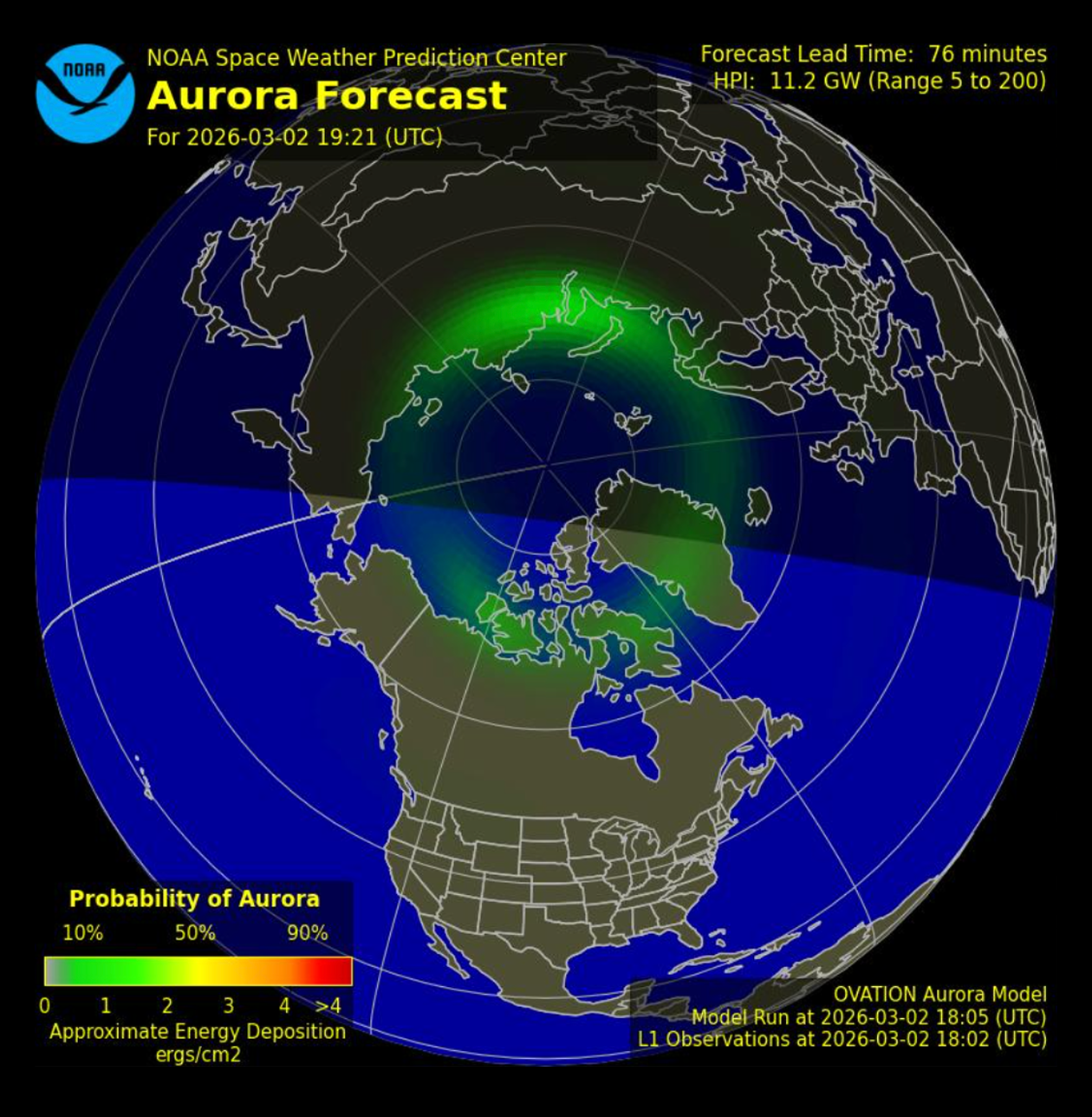 Прогноз границ аврорального овала на 2 марта 2026 года. © swpc.noaa.gov
