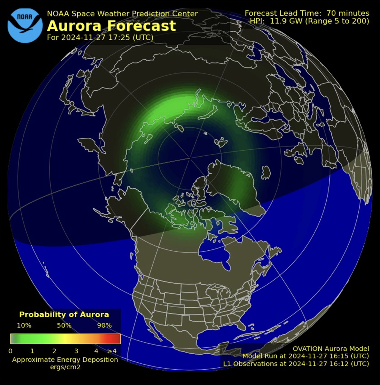 Прогноз границ аврорального овала на 27 ноября 2024 года. Источник: swpc.noaa.gov