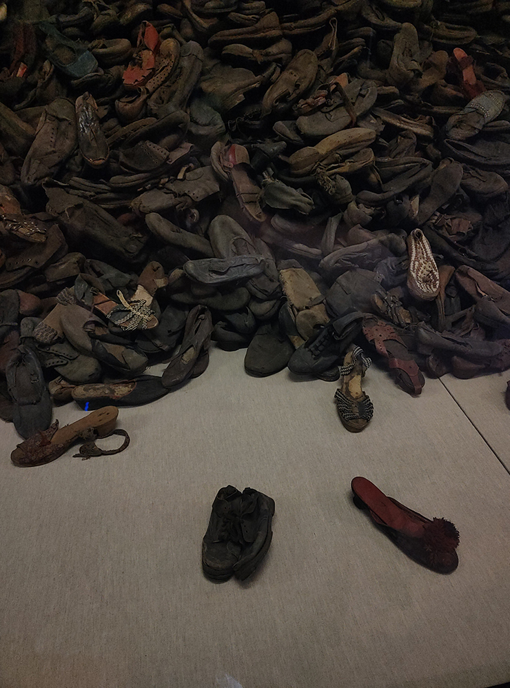 Это склад с обувью жертв концлагерей. При освобождении Освенцима было обнаружено много личных вещей: тонны обуви, очков, одежды, зубных щеток, посуды. Некоторые помещения нельзя фотографировать — например, то, где хранили волосы узников. Их фашисты использовали в текстильной промышленности