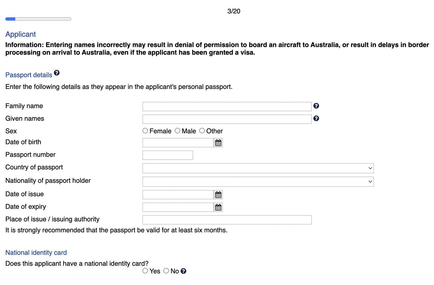 Заполните анкету из 20 разделов. Внесите личные данные, ваши контакты, даты поездки, информацию о тех, кто вас сопровождает, и о людях, которых вы планируете навестить в Австралии. © online.immi.gov.au