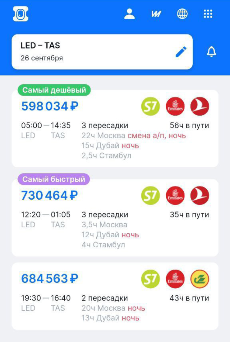Цены на билеты из Петербурга вечером того дня, когда мы брали билеты. Источник: aviasales.ru