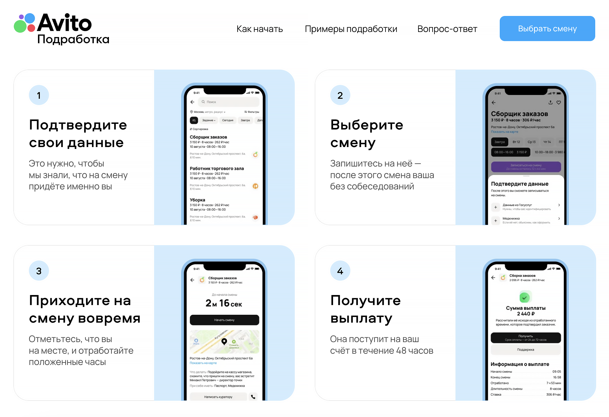 Пошаговая инструкция на стартовой странице: сначала надо подтвердить данные, затем выбрать смену и вовремя на нее прийти. Выплаты обещают в течение 48 часов после подтверждения выхода заказчиком. Источник: avitopodrabotka.ru