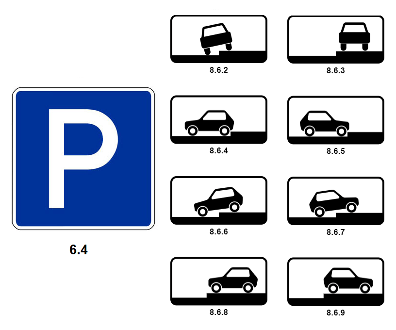 Так выглядит знак «Парковка» и таблички, указывающие способ постановки транспорта на краю тротуара