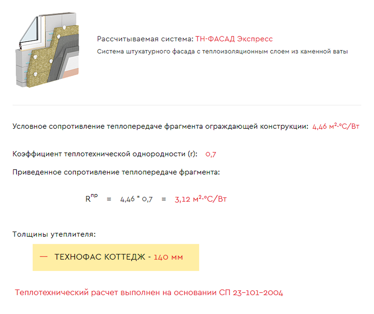 企業網站 Теплотехнический калькулятор от «Технониколь» предложил утеплить стену из клееного бруса слоем базальтовой ваты толщиной 140 мм