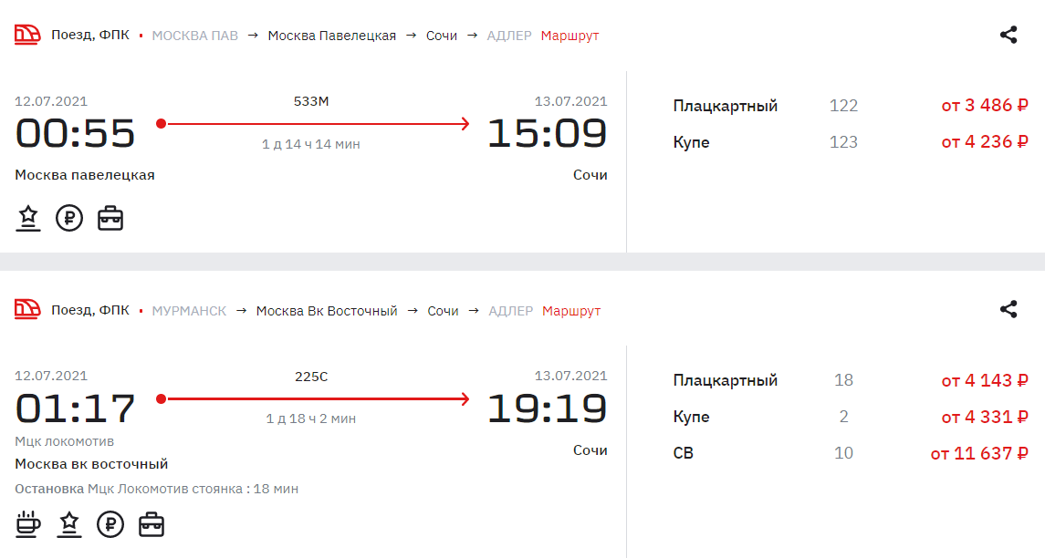Чем раньше покупать билет, тем дешевле: билет в купе поезда Москва — Сочи в июле 2021 года стоит 4236 ₽, в сентябре — 3632 ₽
