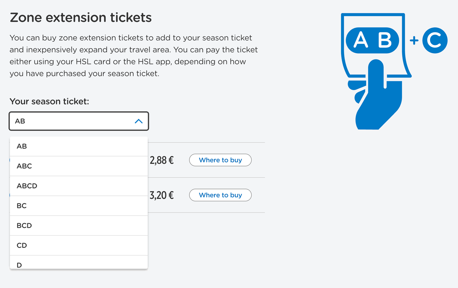 В Хельсинки четыре транспортные зоны — A, B, C и D. Первая — это центр города. Вторая включает остальные районы столицы. Зона C охватывает большую часть городов-спутников Эспоо и Вантаа, а D — все пригороды Хельсинки. Чем больше зон надо проехать, тем дороже билет. Источник: hsl.fi