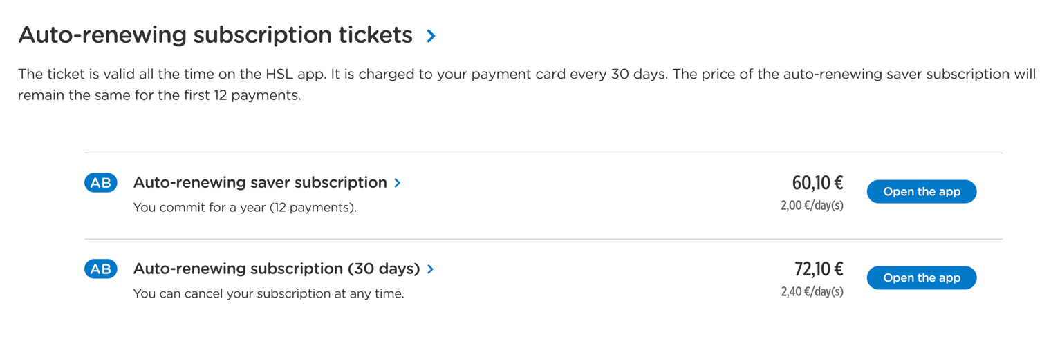 Проездной на 30 дней в транспортных зонах А и В стоит 72,1 €⁣ ( ₽), но, если оформить годовую подписку, дадут скидку. С ней месячный абонемент обойдется уже в 60,1 €⁣ ( ₽). Источник: hsl.fi