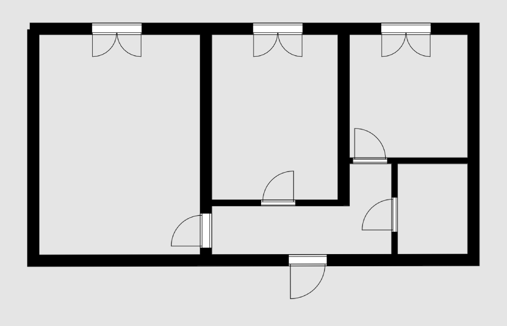 В панельном доме все стены, даже между комнатами, несущие. Демонтировать или перенести можно только стену между маленькой комнатой и коридором и стены на кухне и в санузле
