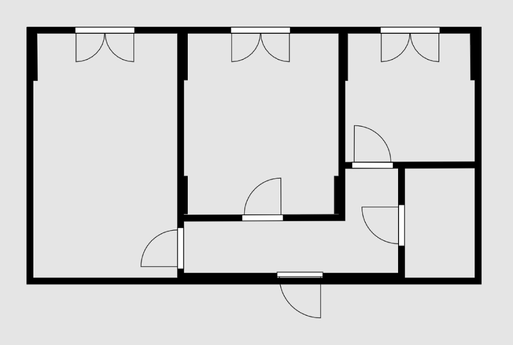 В монолитном или монолитно-кирпичном доме каркас держится всего на нескольких стенах и колоннах. На схеме они толще, чем остальные. На этой планировке несущие участки стен возле окон и пара колонн в маленькой комнате