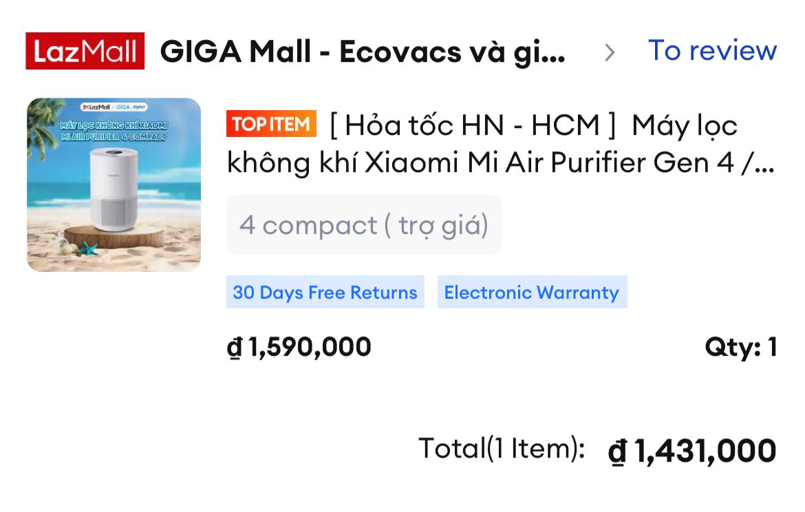 Свой очиститель я заказала на популярном местном маркетплейсе Lazada. С учетом скидки он обошелся мне в 1 431 000 VND⁣ ( ₽) при полной стоимости 1 590 000 VND⁣ ( ₽). Источник: lazada.com