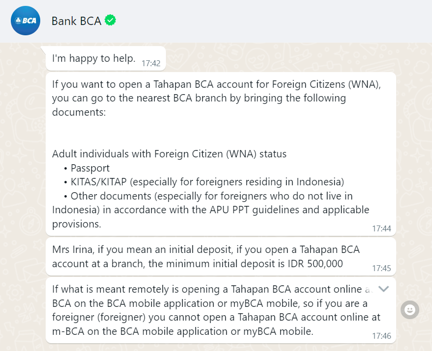 Онлайн-консультант в BCA сообщил мне, что для открытия счета нужен KITAS или KITAP — ВНЖ или ПМЖ в Индонезии