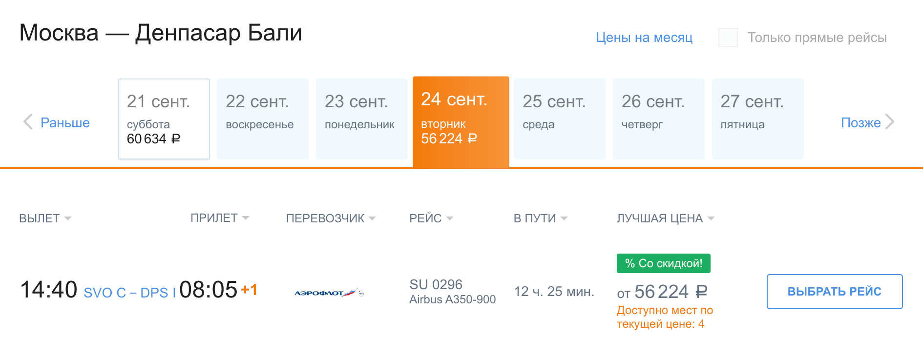 Билет Москва — Денпасар стоит от 56 224 ₽ на человека. Самый дешевый тариф не включает багаж. Источник: aeroflot.ru