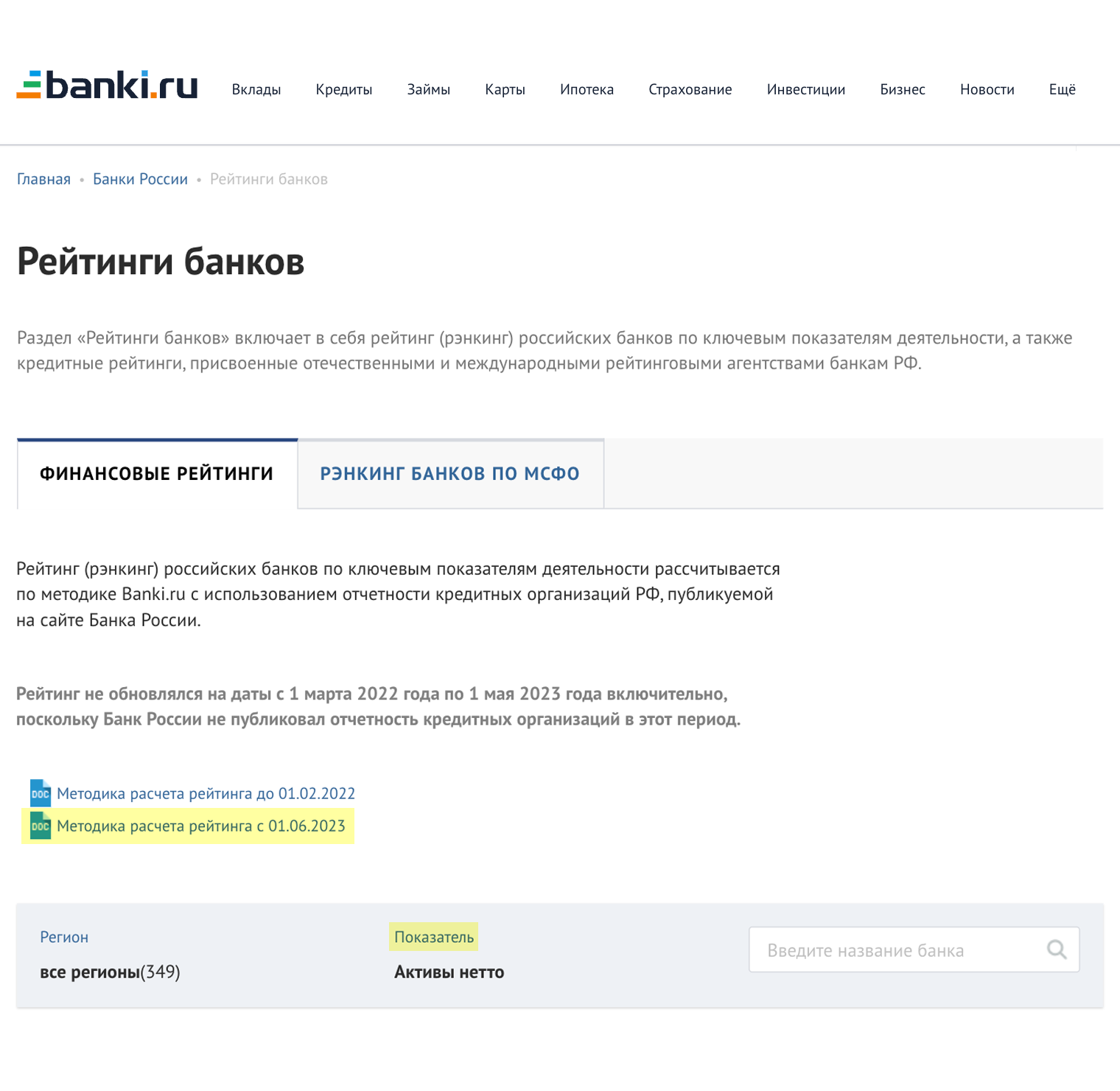 На портале «Банки-ру» всегда можно посмотреть методики расчета и рейтинги банков по разным показателям
