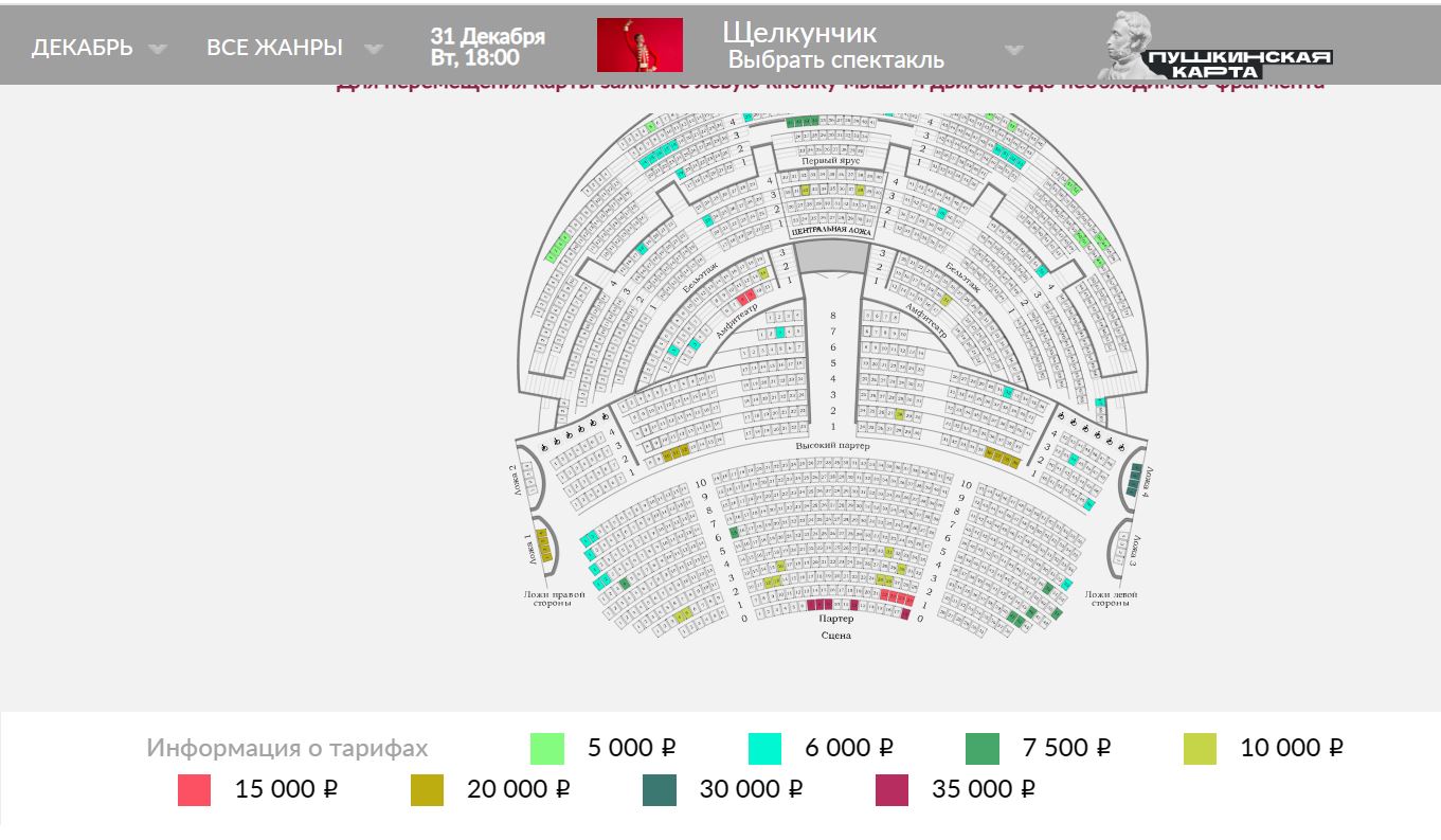 За билет на «Щелкунчика» 31 декабря в 18.00 придется отдать не меньше 5000 ₽, если покупать за 3 дня до Нового года. Места эти не лучшие — последний ряд первого яруса