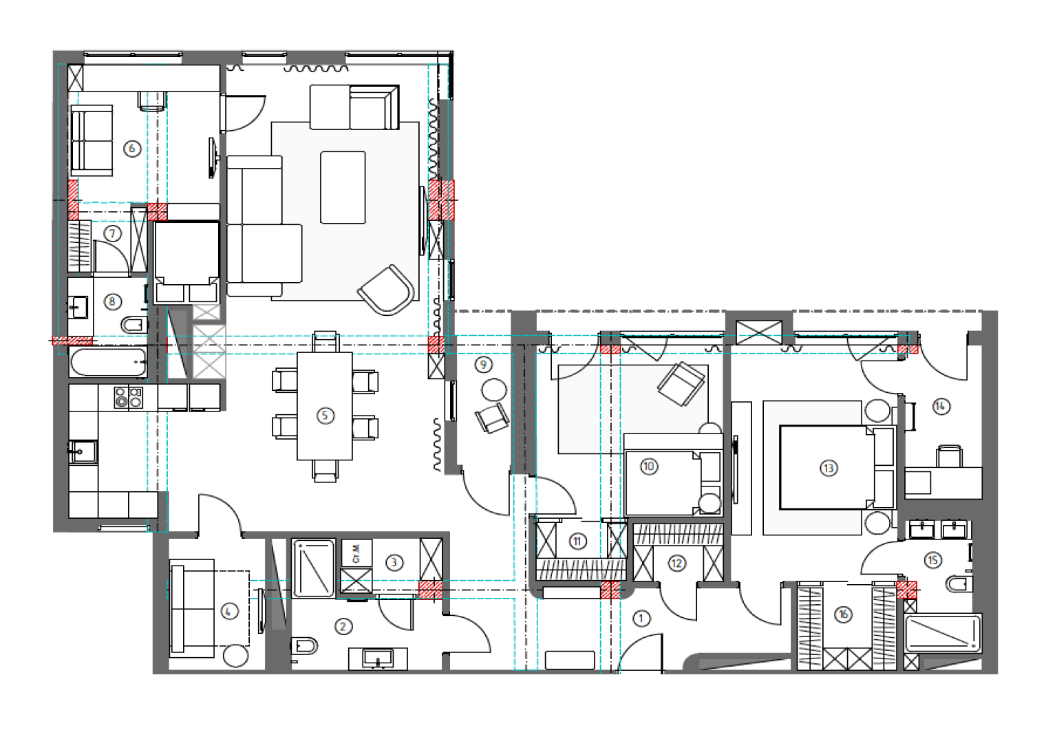 Планировка квартиры. Красным отмечены несущие колонны