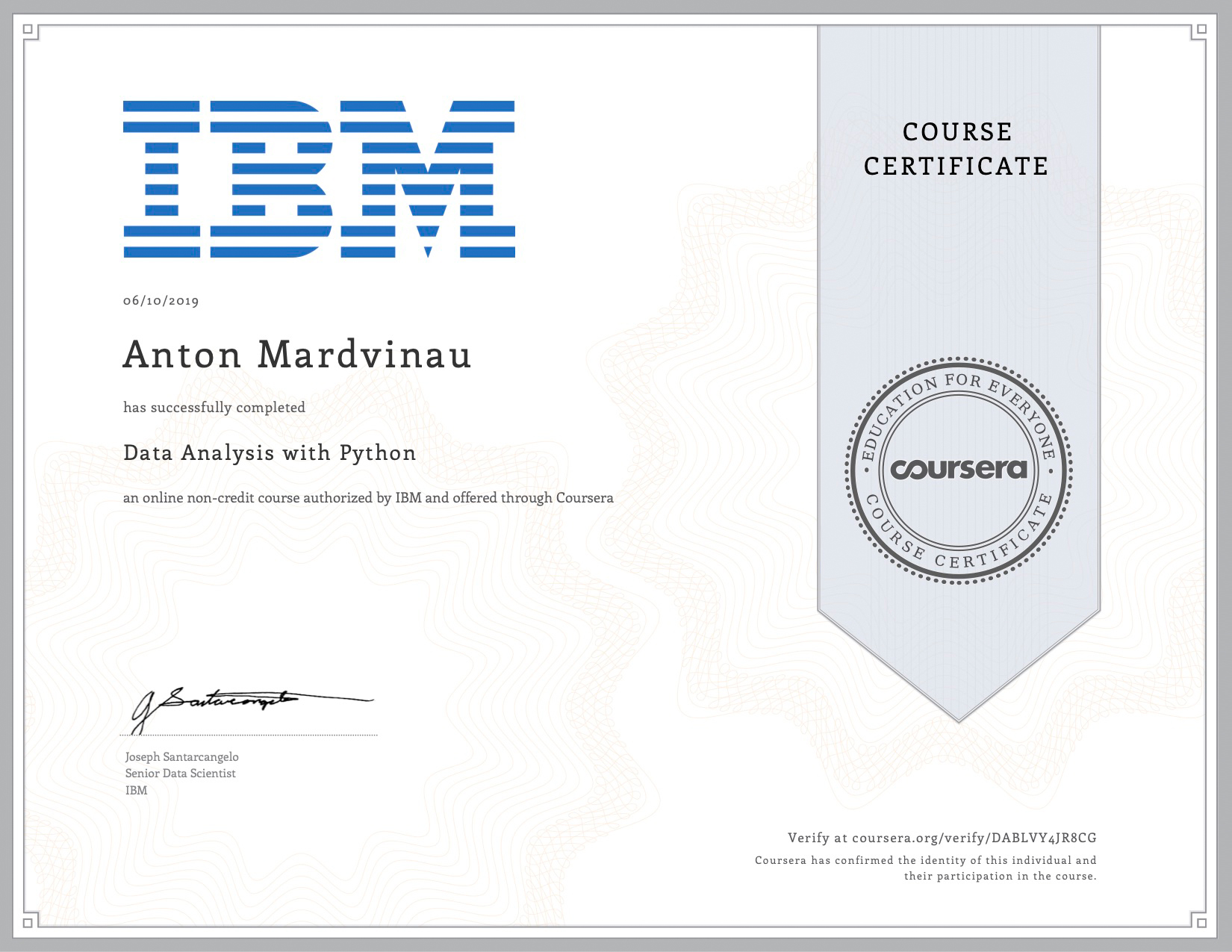 Сертификат курса IBM, который я прошел на «Курсере»