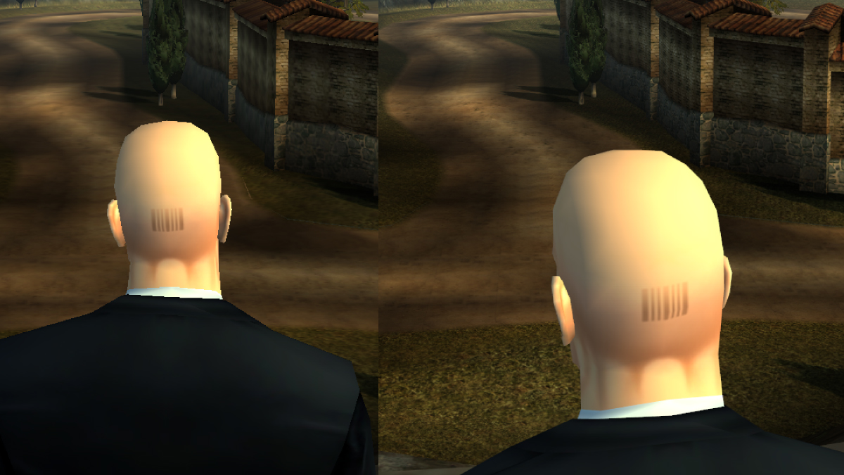 Лысина Агента 47 из Hitman 2: Silent Assassin наглядно иллюстрирует сглаживание. Слева опции сглаживания из самой игры, справа — настройки с Панели управления Nvidia, замещающие установки в самой видеоигре. Источник: Io-Interactive A/S