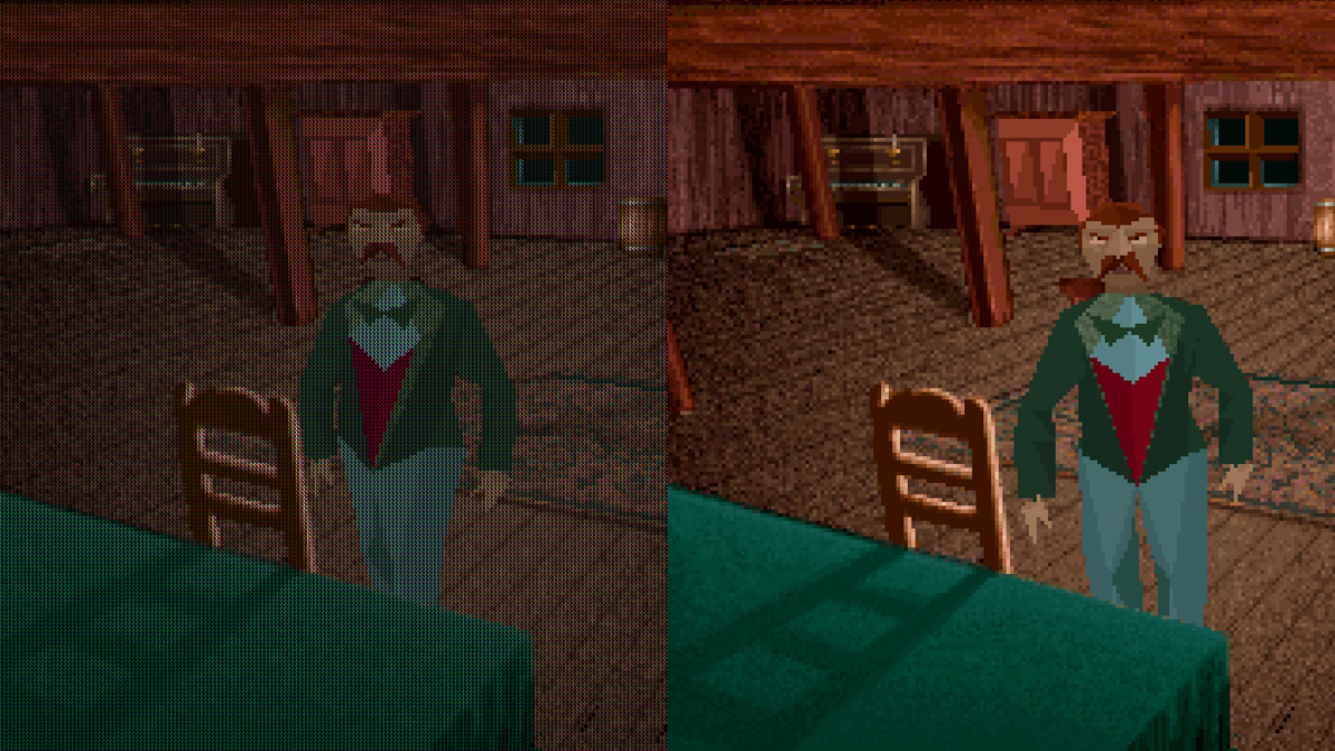 Хоррор Alone in the Dark, вышедший в 1992 году для DOS. Слева игра запущена со скейлером rgb3x. Справа — с normal3x, который просто увеличивает разрешение. Источник: Infogrames, DOSBox Team