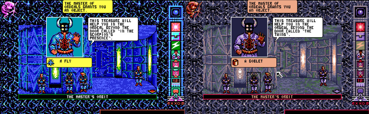 Игра Chamber of the Sci-Mutant Priestess. Слева версия для DOS. Справа — для Amiga. Разница очевидна. Источник: ERE Informatique, Infogrames
